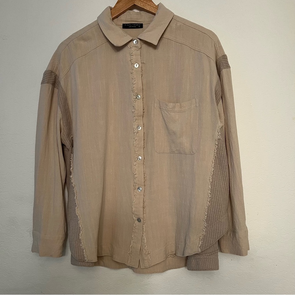 Women’s SZ Lg Linen Blend Biege Shacket Shirt Jacket Raw Seams Thermal Side